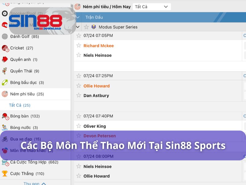 Các môn thể thao mới tại Sin88 Sports